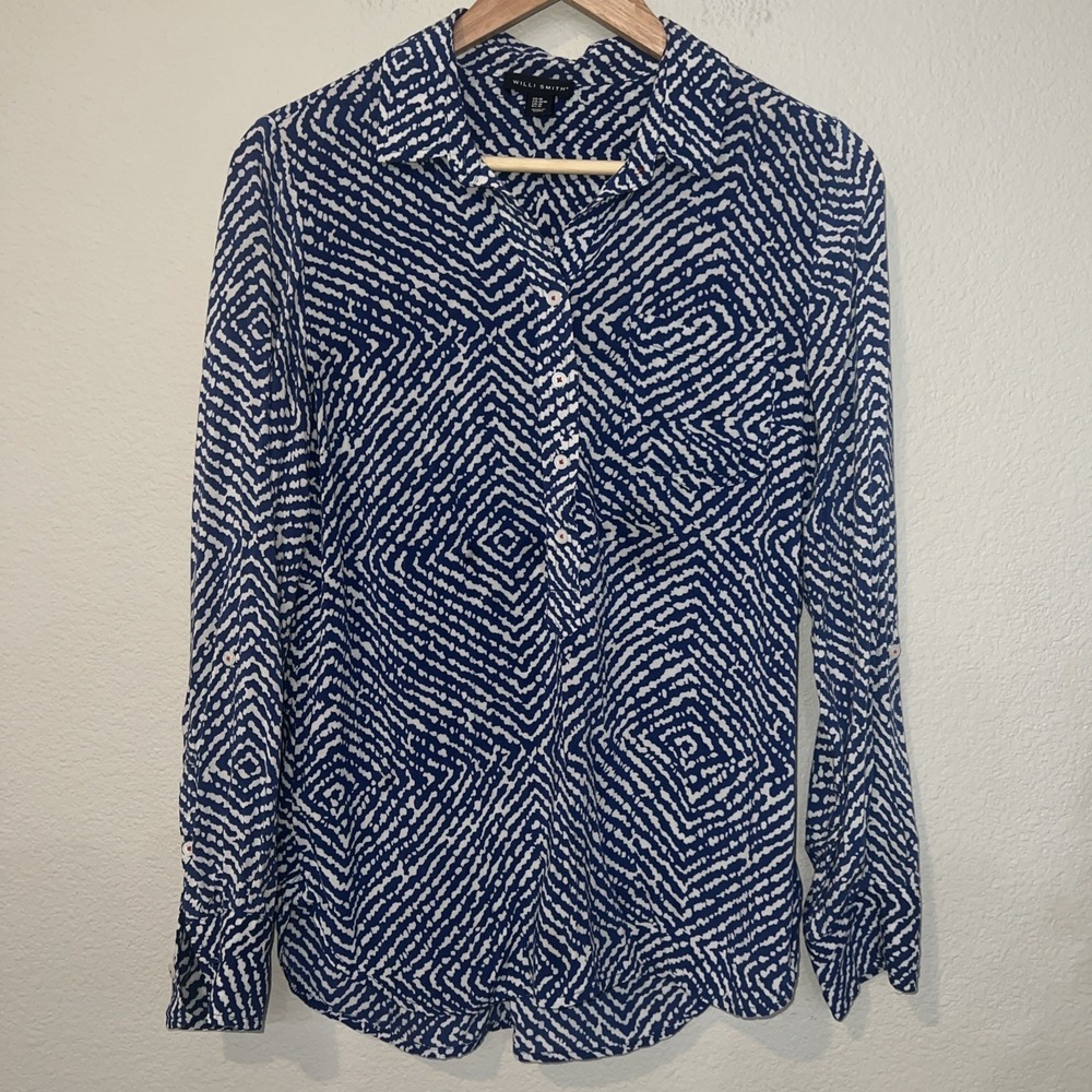 Willi Smith BLUE Geometric V-Neck Long Sleeve Pullover Zebra MEDIUM